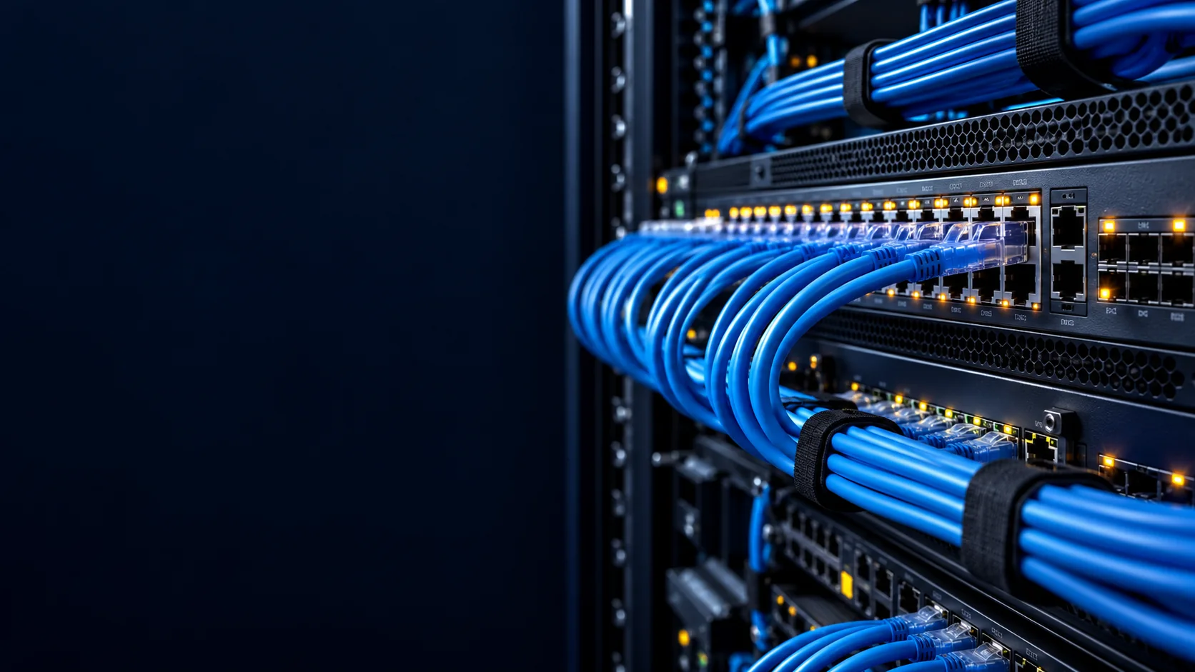 Business network equipment with connected blue Ethernet cables