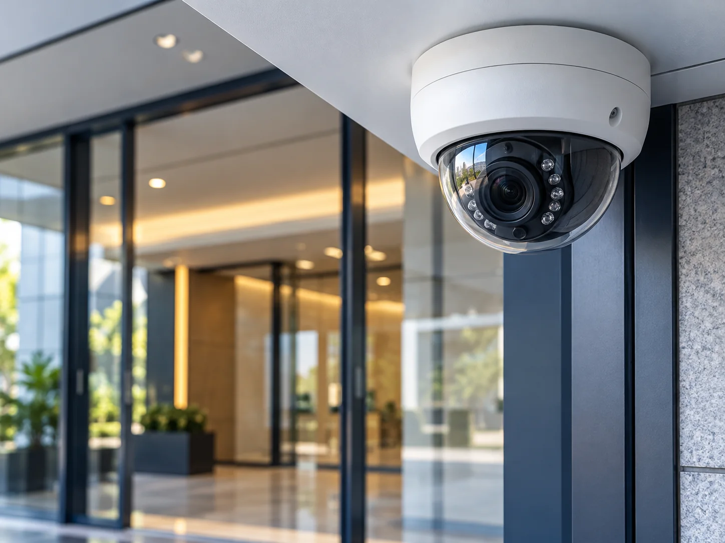 Dome CCTV camera installed in a modern commercial entrance