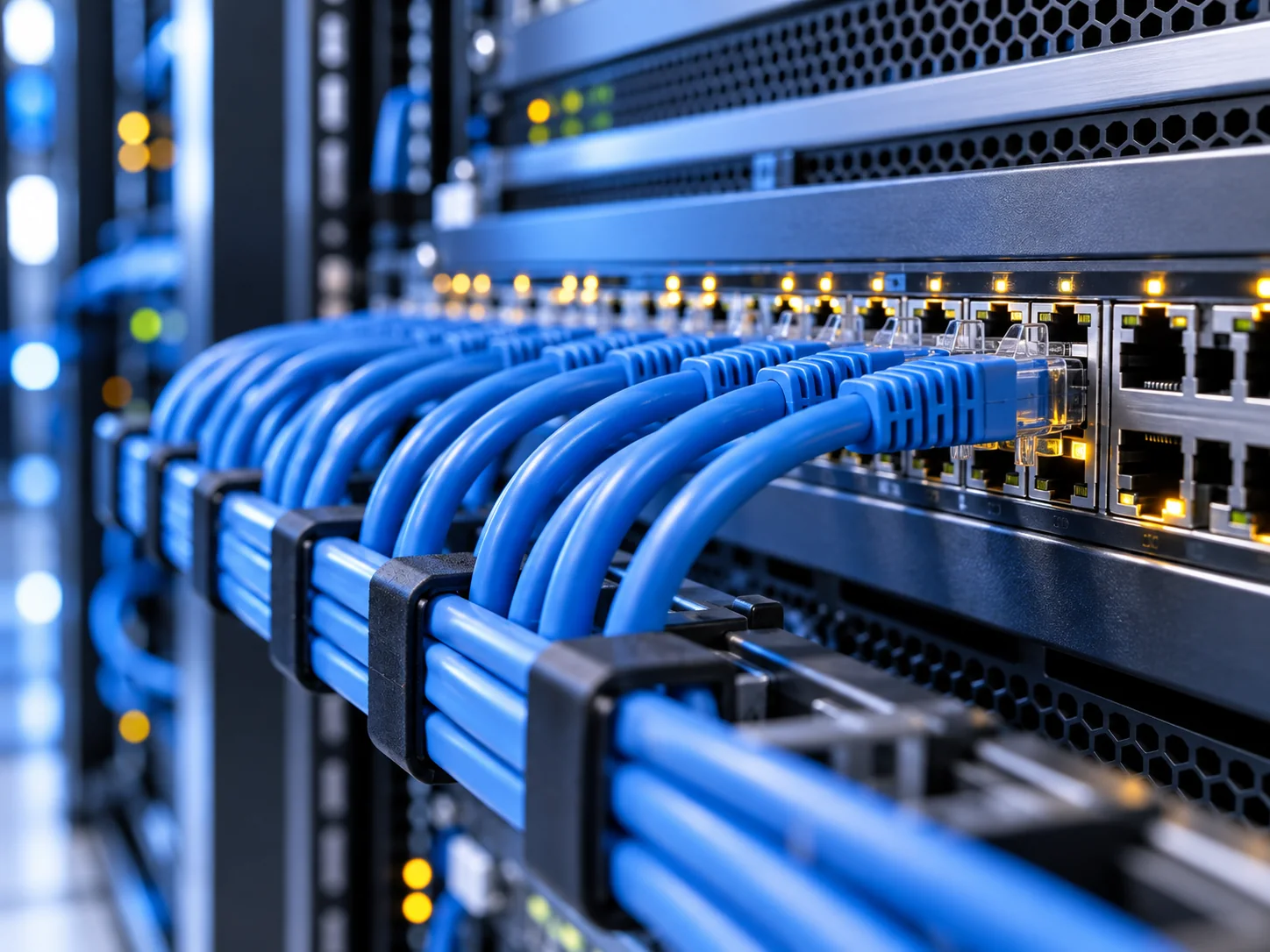 Blue network cables connected to a business network switch