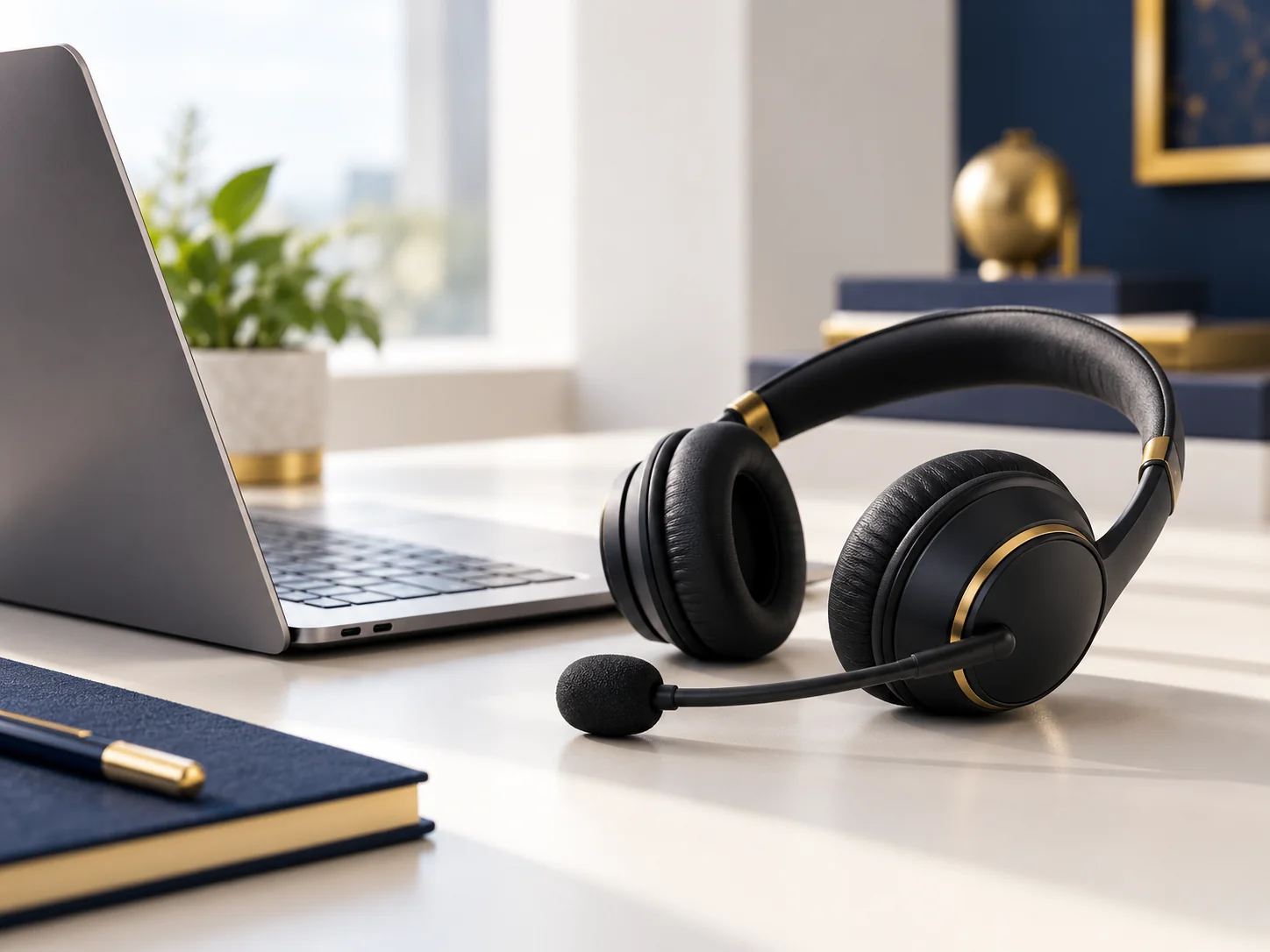 Support headset beside a laptop on a clean desk