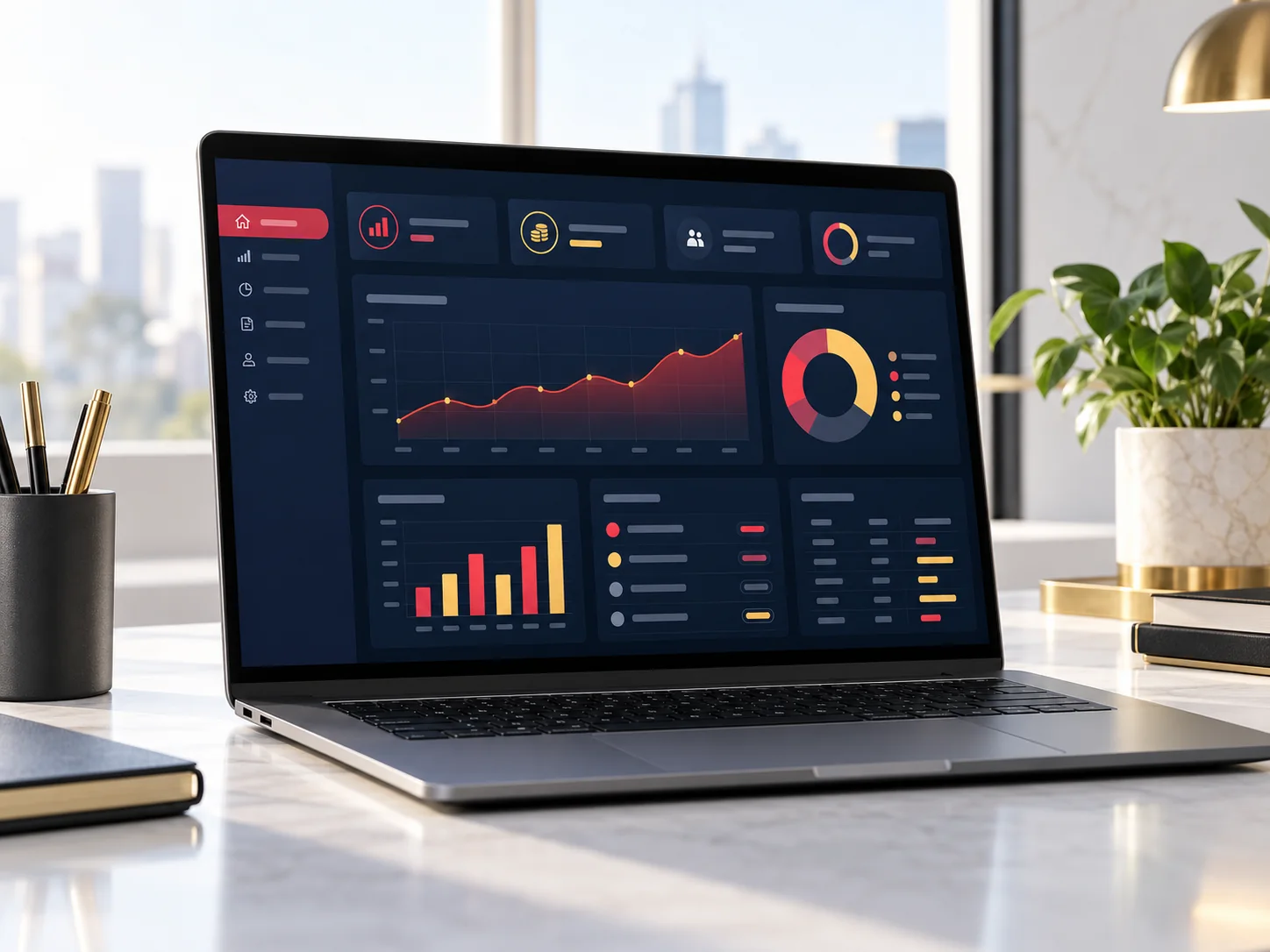Laptop showing a business dashboard with charts and data panels